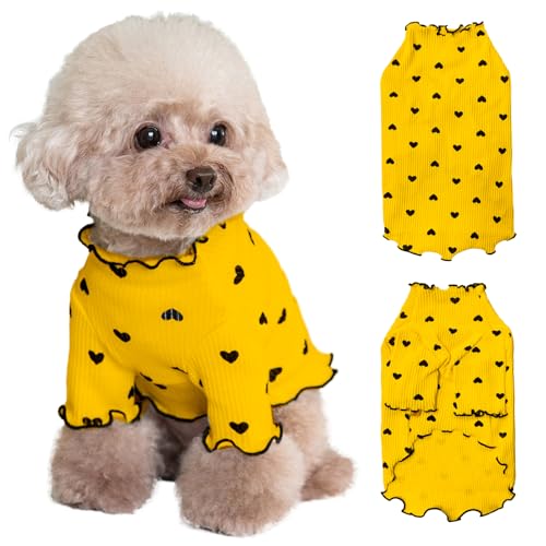 Yaopelky Haustierkleidung für kleine Hunde und Katzen, Sommer, Herbst, Herz, Bedruckt, dehnbar, Rüschen, langärmelig, Outfits für Chihuahua, Schnauzer, Shih Tzu, Yorkie (gelb, klein) von Yaopelky