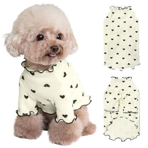 Yaopelky Haustierkleidung für kleine Hunde und Katzen, Sommer, Herbst, Herzmuster, dehnbar, Rüschen, langärmelig, Outfits für Chihuahua, Schnauzer, Shih Tzu, Yorkie (Beige, XS) von Yaopelky