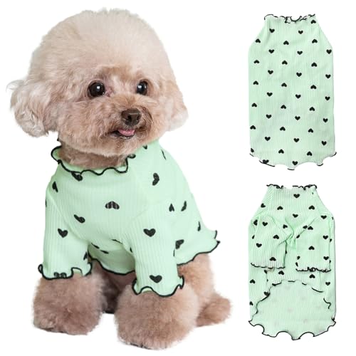 Yaopelky Haustierkleidung für kleine Hunde und Katzen, Sommer, Herbst, Herzmuster, dehnbar, Rüschen, langärmelig, Outfits für Chihuahua, Schnauzer, Shih Tzu, Yorkie (Grün, L) von Yaopelky