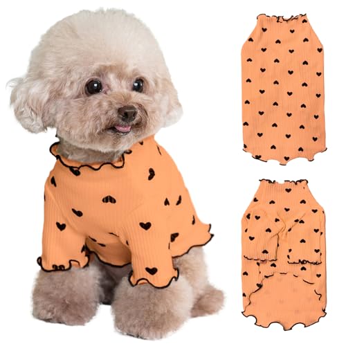 Yaopelky Haustierkleidung für kleine Hunde und Katzen, Sommer, Herbst, Herzmuster, dehnbar, Rüschen, langärmelig, Outfits für Chihuahua, Schnauzer, Shih Tzu, Yorkie (Orange, L) von Yaopelky