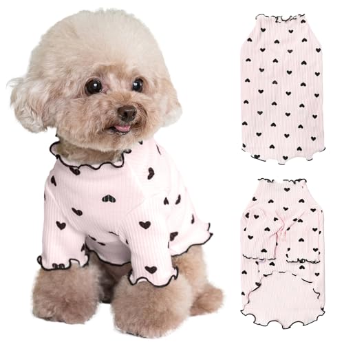 Yaopelky Haustierkleidung für kleine Hunde und Katzen, Sommer, Herbst, Herzmuster, dehnbar, Rüschen, langärmelig, Outfits für Chihuahua, Schnauzer, Shih Tzu, Yorkie (Rosa, XS) von Yaopelky