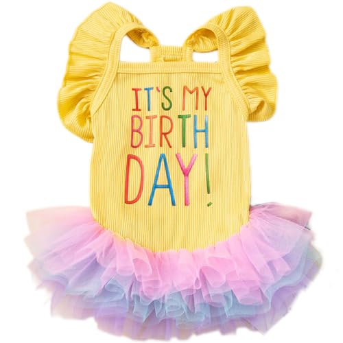 Yaopelky Hunde-Geburtstagskleid "It's My Birthday", für kleine Hunde, Tutu-Kleid, Rüschen, ärmellos, Welpenkleidung, Tüll, Spitzenrock, Haustierkostüm, Katzen-Outfits (Gelb, L) von Yaopelky