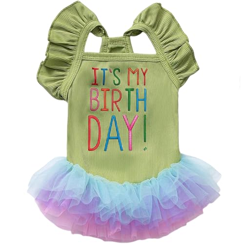 Yaopelky Hunde-Geburtstagskleid "It's My Birthday", für kleine Hunde, Tutu-Kleid, Rüschen, ärmellos, Welpenkleidung, Tüll, Spitzenrock, Haustierkostüm, Katzen-Outfits (Grün, S) von Yaopelky
