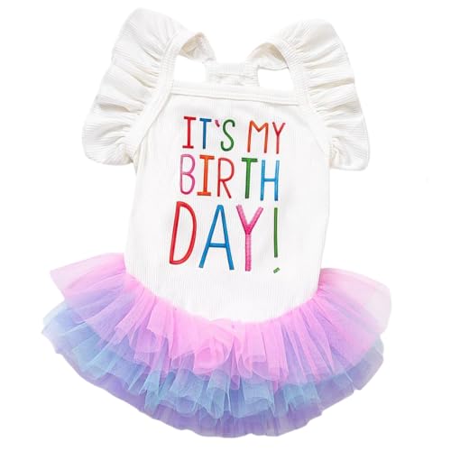 Yaopelky Hunde-Geburtstagskleid "It's My Birthday", für kleine Hunde, Tutu-Kleid, Rüschen, ärmellos, Welpenkleidung, Tüll, Spitzenrock, Haustierkostüm, Katzen-Outfits (Weiß, M) von Yaopelky