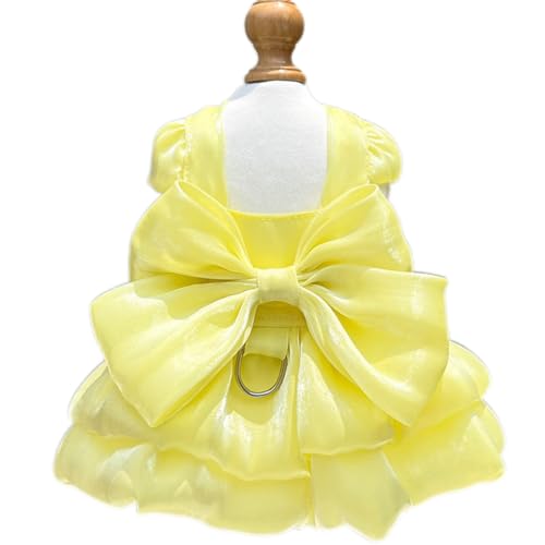 Yaopelky Hunde-Prinzessinnenkleid für kleine Hunde, Katzenkleid mit Schleife, D-Ring, Hundemädchen, Hochzeitskleidung, niedlicher Welpe, Tutu-Rock, Sommer-Kostüm (Gelb, Größe XL (5-7 kg)) von Yaopelky