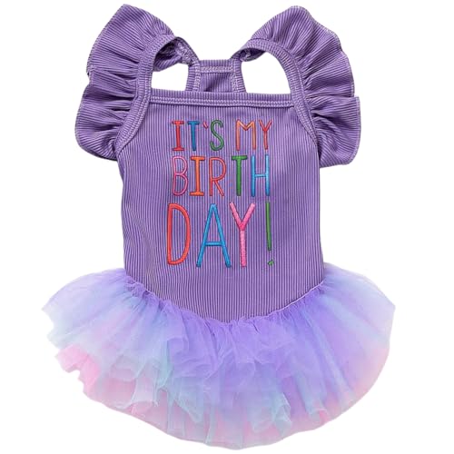 Yaopelky Hundegeburtstagskleid "It's My Birthday" für kleine Hunde, Tutu-Kleid, Rüschen, ärmellos, Welpenkleidung, Tüll, Spitzenrock, Haustierkostüm, Katzen-Outfits (lila, XXS) von Yaopelky