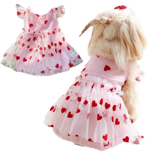 Yaopelky Niedliches Hundekleid, Prinzessinnen-Herz, Blume, Haustierkleidung für Katzen, kleine, mittelgroße Hunde, atmungsaktiv, Welpen, Tüllkleid, Haustier-Outfit für Yorkie, Teddy, Chihuahua, von Yaopelky