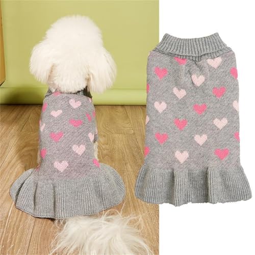 Yaopelky Pullover für kleine Hunde mit Herzmuster, Valentinstag, Welpenpullover, gestrickter Rollkragen, Haustier-Outfits, warme Hundekleidung für kleine Hunde, Katzen (Grau, S) von Yaopelky