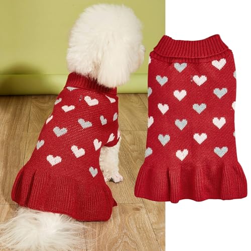 Yaopelky Pullover für kleine Hunde mit Herzmuster, Valentinstag, Welpenpullover, gestrickter Rollkragen, Haustier-Outfits, warme Hundekleidung für kleine Hunde, Katzen (Rot, S) von Yaopelky