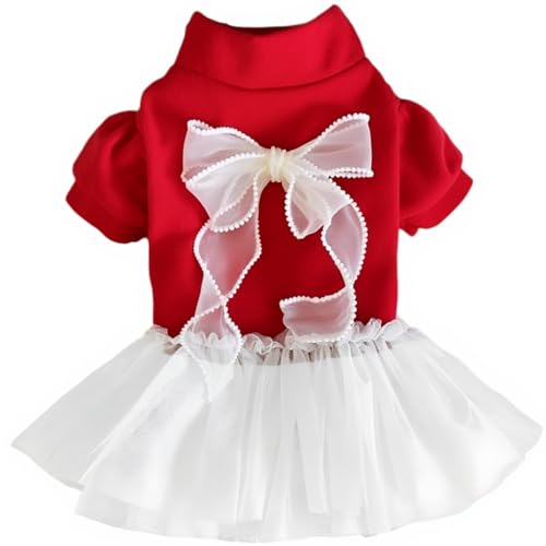 Yaopelky Weihnachtskleid für Haustiere, rotes und weißes Tüll-Design mit Schleife, für kleine Hunde und Katzen, Urlaubs-Outfit (Rot, XL(5-7.3kg)) von Yaopelky