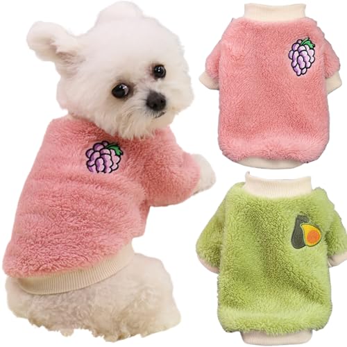 Yaopelky Winterkleidung für kleine und mittelgroße Hunde, Fleece, Rollkragen-Overall, niedlicher Fruchtdruck, Katzen-Outfit für Chihuahua, Yorkie, Teddy, Rosa-Grün, Größe L, 2 Stück von Yaopelky