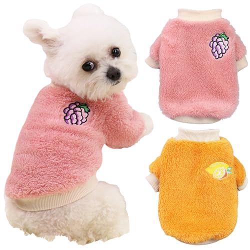 Yaopelky Winterkleidung für kleine und mittelgroße Hunde, Fleece, Rollkragen-Overall, niedlicher Fruchtdruck, Katzen-Outfit für Chihuahua, Yorkie, Teddy, Rosa-Orange, Größe S, 2 Stück von Yaopelky
