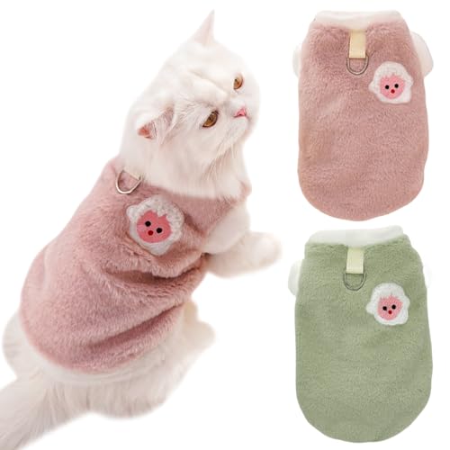 Yaopelky Katzen-Winterkleidung mit D-Ring, für kleine und mittelgroße Hunde, Fleece-Outfit, Tierdruck, Katzenpullover (Grün-Rosa, S) von Yaopelky