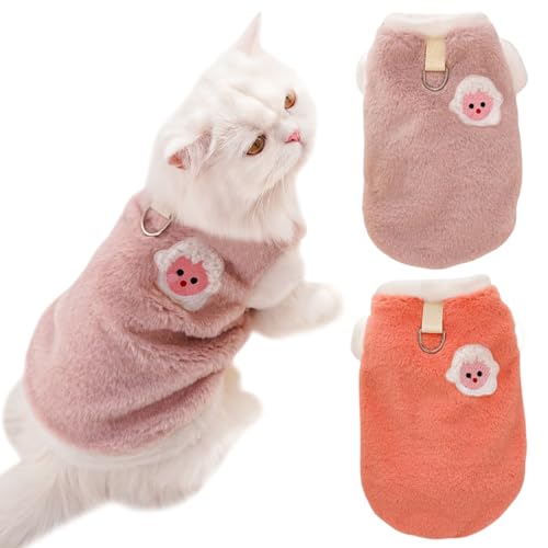 Yaopelky Katzen-Winterkleidung mit D-Ring, für kleine und mittelgroße Hunde, Fleece-Outfit, Tierdruck, Katzenpullover (Orange-Rosa, S) von Yaopelky