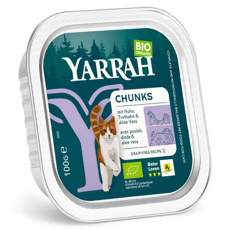 Sparpaket Yarrah Bio 12  x 100 g - Bröckchen: Bio-Huhn & Bio-Truthahn mit Bio-Aloe Vera von Yarrah