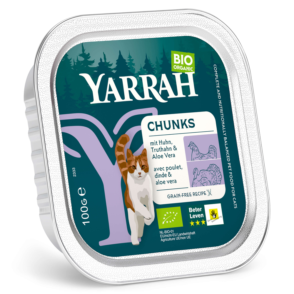 Sparpaket Yarrah Bio 48 x 100 g - Bröckchen: Bio-Huhn & Bio-Truthahn mit Bio-Aloe Vera von Yarrah