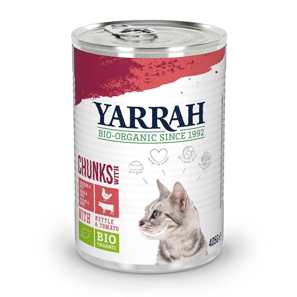 Sparpaket Yarrah Bio Chunks 12 x 405 g - Bio Huhn & Bio Rind mit Bio Brennnesseln & Bio Tomaten von Yarrah