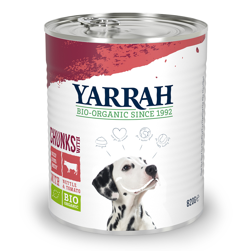 Sparpaket Yarrah Bio Nassfutter Dose 12 x 820 g - Bio-Rind mit Bio-Brennnesseln & Bio-Tomate in Soße von Yarrah