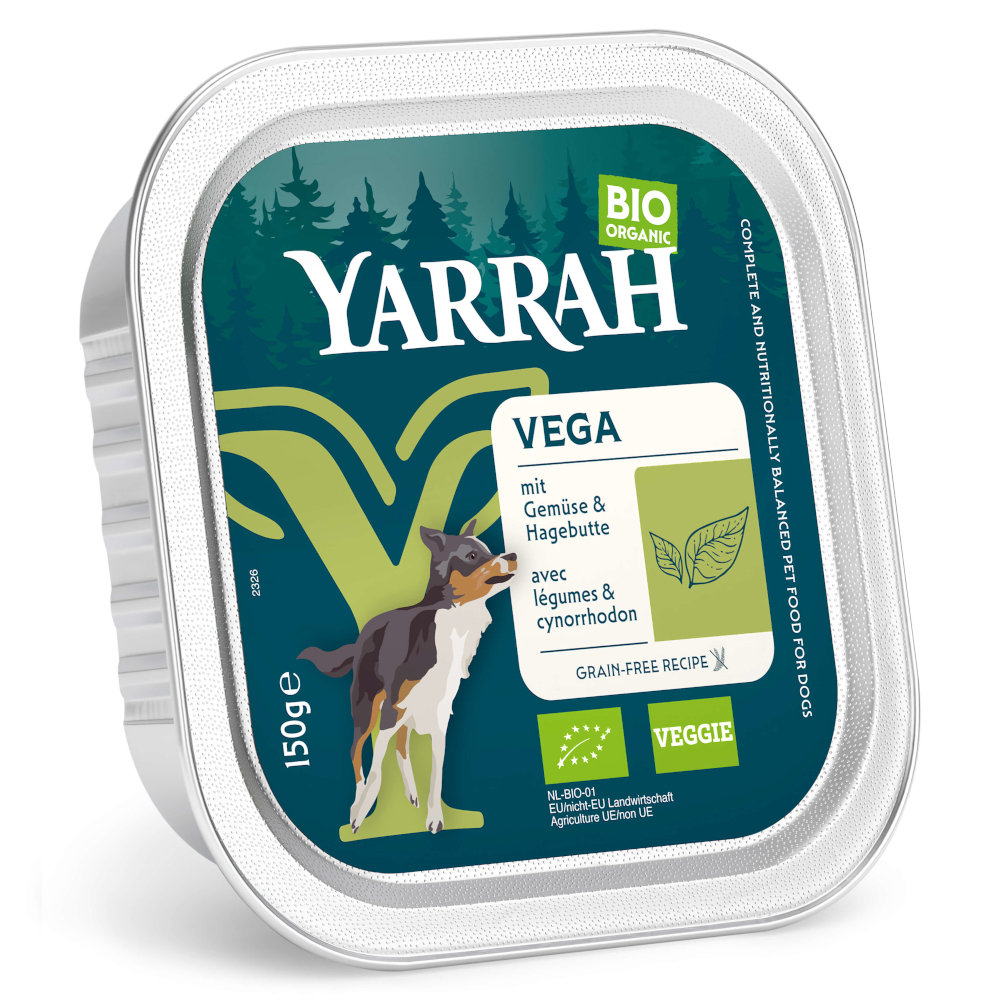 Sparpaket Yarrah Bio Schalen 36 x 150 g - Bio Bröckchen Vega mit Bio-Hagebutte von Yarrah