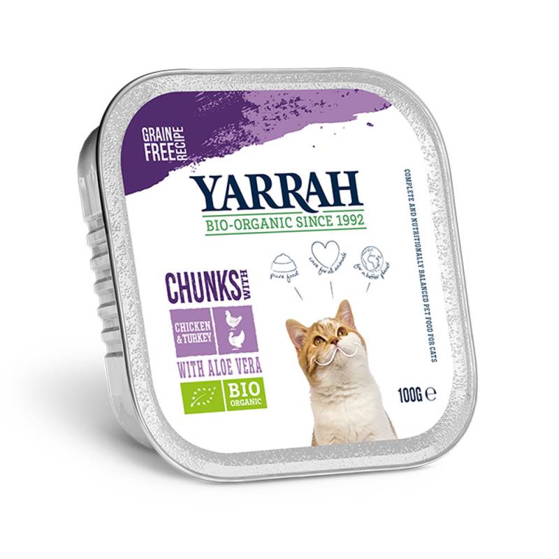 Yarrah Bio Chunks Katzenfutter - Schälchen - Huhn & Truthhahn mit Aloe Vera - 16 x 100g von Yarrah
