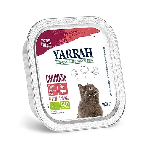 YARRAH Bröckchen Rind Zichorie 100g Bio Katzenfutter, 16er Pack (16 x 100g) | Hochwertiges Premium-Nassfutter für Katzen | 100% biologisch & frei von künstlichen Zusätzen von Yarrah