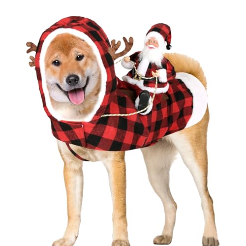 Yatlouba Weihnachtskleidung für Hunde, Weihnachtsmann reitet Cosplay Weihnachtsmann-Hundekostü, Kreatives Party-Dressing-Hunde-Outfit, atmungsaktiv, für Pudel, Corgi, Bulldogge, Labrador von Yatlouba