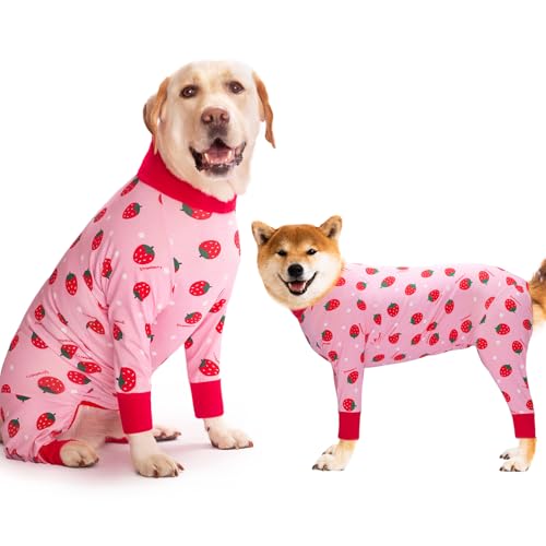 Yeapeeto Einteiler für Hunde, zur Erholung, für große und mittelgroße Hunde, Schlafanzug, Ganzkörper für Haarausfall, Allergien, Anti-Lecken, Wundschutz, Kegel-Alternative (2XL, Erdbeere) von Yeapeeto
