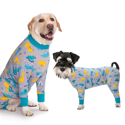 Yeapeeto Einteiler für Hunde, zur Erholung, für große und mittelgroße Hunde, Schlafanzug, Ganzkörper für Haarausfall, Allergien, Anti-Lecken, Wundschutz, Kegel-Alternative (XL, Dinosaurier) von Yeapeeto