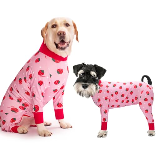 Yeapeeto Einteiler für Hunde, zur Erholung, für große und mittelgroße Hunde, Schlafanzug, Ganzkörper für Haarausfall, Allergien, Anti-Lecken, Wundschutz, Kegel-Alternative (XL, Erdbeere) von Yeapeeto