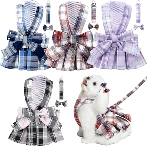 Yearntown 4-teiliges kariertes Hundekleid mit Perlen, Fliege, Geschirr, Leine, niedliches Welpenkleid für kleine Hunde, Welpen, Kleidung für Haustiere, Chihuahua, Katzen, Rock, Outfits (XS) von Yearntown