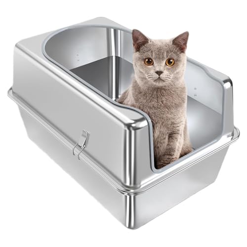 Yechiry Edelstahlkatze Katzentoilette, Extra Große, Halb Geschlossene Kätzchen -Wurfpfanne Spritzproof Leckdosentoilette mit Abdeckung und Schaufel für Katzen Aller Größen von Yechiry
