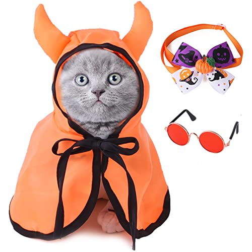 Yeeda Haustier Halloween Kostüme - Katze Halloween Kostüm mit Horn Kopfschmuck | Niedlich Hübsche Haustier Halloween Kostüme, Katze Outfit Kleidung Cosplay Party Dekoration für Schwarz Halloween von Yeeda