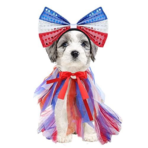 Yeeda Independence Day Hundekostüm, amerikanische Flagge Kleidung Kragen Stirnband Kleid, amerikanische Flagge Welpen Party Kostüme Dekorationen Zubehör Weiß Blau und Rot von Yeeda