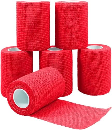 Yeehliny 6 Rollen Selbstklebender Verband Vliesstoff Haftbandage Selbstklebend Selbsthaftende Bandage Sport Elastische Binde für Stretch Sportler, Handgelenk, Fingern, Pet 7.5cmx4.5m (Rot) von Yeehliny