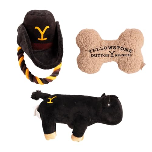 Yellowstone Offizielles Merchandise-Produkt von Design LAB Inc. | Plüsch-Hundespielzeug-Set für den Innenbereich, 3-teiliges Geschenk-Set – Kauspielzeug enthält Plüsch-Quietschspielzeug, Kuh, von Yellowstone