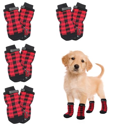 Yeria Indoor Anti-Rutsch Hundesocken, 4 Paar Hunde Schuhe für kleine, mittlere, große Hunde mit Griffen für ältere Hunde Hartholzböden (M, Weihnachtsrot) von Yeria