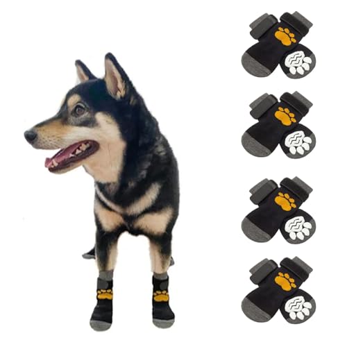 Yeria Indoor Anti-Rutsch Hundesocken, 4 Paar Hunde Schuhe für kleine, mittlere, große Hunde mit Griffen für ältere Hunde Hartholzböden (S, Gelblich) von Yeria