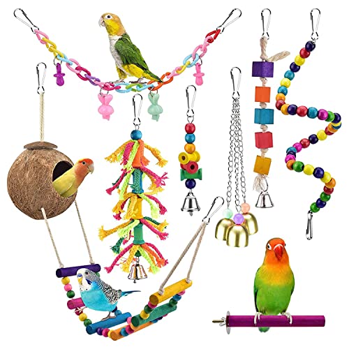 Yessetry 8 Stück Vogel-Papageien-Spielzeug, hängende Holz-Kokosnuss mit Leiter, Ständer, Kauspielzeug für Haustiere, Käfig von Yessetry