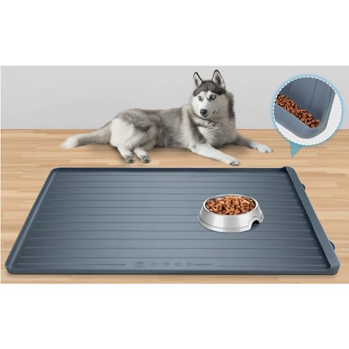 Hundefuttermatte – 99 x 68 cm große Haustierfuttermatte mit Rückstandssammlungstasche, Hunde- und Katzenfuttermatte für Böden, wasserdicht, Silikon-Hundenapfmatte mit hohen Kanten, um Wasser- und von Yessotech