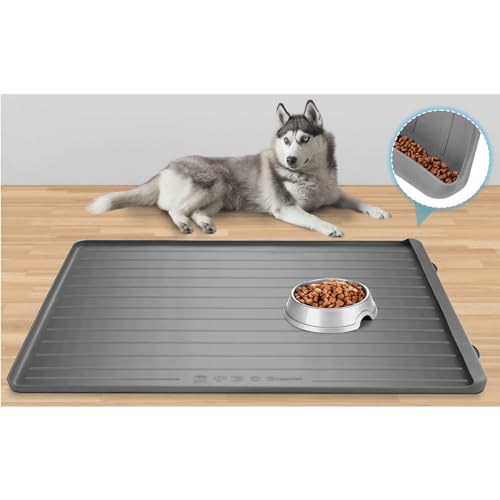 Hundefuttermatte – 99 x 68 cm große Haustierfuttermatte mit Rückstandssammlungstasche, Hunde- und Katzenfuttermatte für Böden, wasserdicht, Silikon-Hundenapfmatte mit hohen Kanten, um Wasser- und von Yessotech
