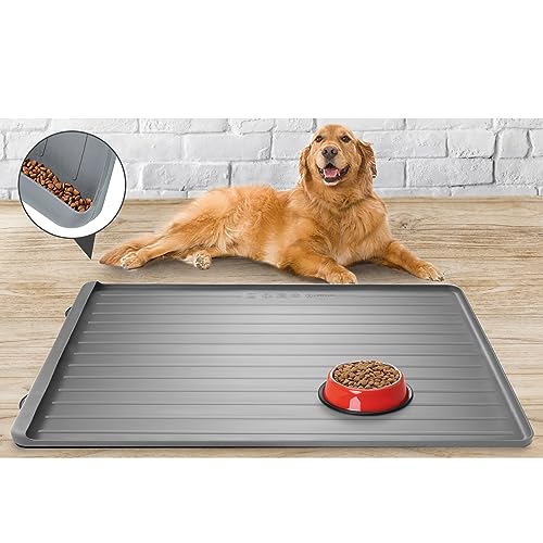 Yessotech Hundematte für Futter und Wasser, 100,1 x 68,6 cm, große Futtermatte mit Rückstands-Auffangtasche, wasserdichte Hundenapfmatte mit hohen Kanten für Hunde und Katzen von Yessotech