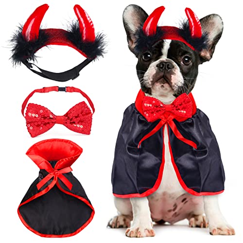 Yewong 3 Stück Halloween Haustier Kostüm Set beinhaltet Teufelshörner Stirnband Vampir Umhang Fliege für Katze Welpen kleine Hunde Halloween Party Dekorationen (Umhang-Set) von Yewong