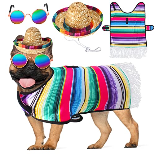 Yewong 3 Stück mexikanisches Serape-Hundekostüm Cinco de Mayo Poncho Haustier Sombrero Hut und Haustier Sonnenbrille Katze Welpen Hund Fiesta Party Kostüm Zubehör (Set B) von Yewong