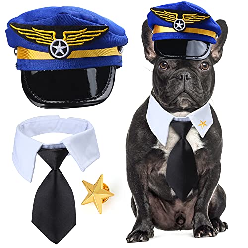 Yewong 3-teiliges Haustier-Kapitän Piloten-Kostüm-Zubehör-Set für Hunde und Katzen, Pilotenmütze, formelle Krawatte, Halsband, Zubehör für Haustier-Piloten-Kostüm, Halloween-Party (Set-A) von Yewong