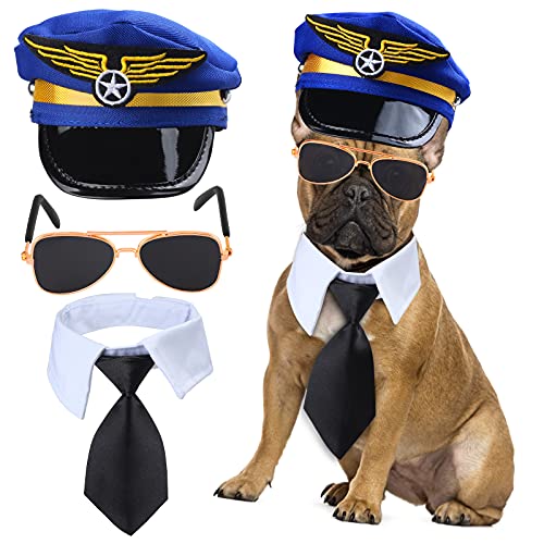 Yewong 3-teiliges Haustier-Kapitän Piloten-Kostüm-Zubehör-Set für Hunde und Katzen, Pilotenmütze, formelle Krawatte, Halsband, Zubehör für Haustier-Piloten-Kostüm, Halloween-Party (Set-C) von Yewong