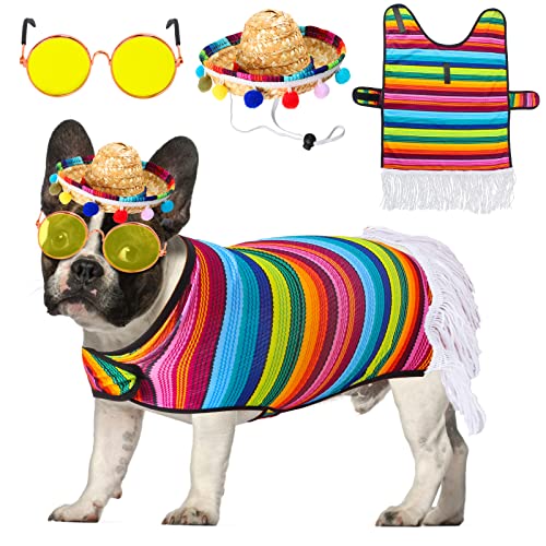 Yewong 3-teiliges mexikanisches Serape-Hundekostüm Cinco de Mayo Poncho Haustier Sombrero Hut und Haustier Sonnenbrille Katze Welpen Hund Fiesta Party Kostüm Zubehör (Set) von Yewong
