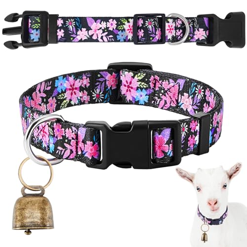 Yeyeplum Ziegenhalsbänder mit Glocken, Schafen, grasende Kupferglocken und verstellbares Nylon-Halsband-Set, laute Bronzeglocke für kleine Bauernhoftiere, Schafe, Kuh, Zubehör (Blume) von Yeyeplum