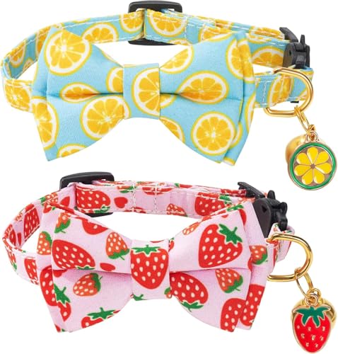 Yezhengui Breakaway Katzenhalsband mit niedlicher Fliege, Glocke, 2 Stück, Zitronen-Erdbeere, Katzenhalsband für männliche und weibliche Katzen, weiche Baumwolle, Kätzchen-Halsband, niedliche Katze Yezhengui Breakaway Katzenhalsband mit niedlicher Fliege, Glocke, 2 Stück, Zitronen-Erdbeere, Katzenhalsband für männliche und weibliche Katzen, weiche Baumwolle, Kätzchen-Halsband, niedliche Katze von Yezhengui