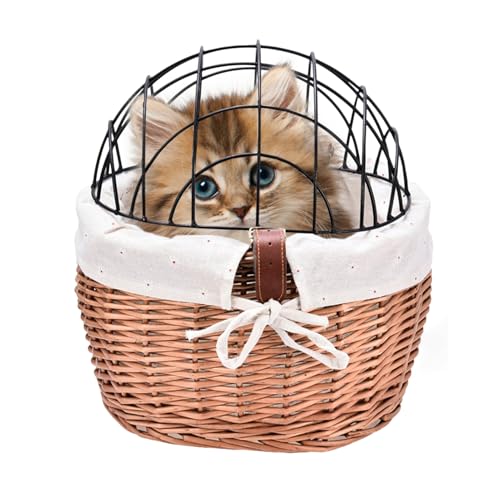 Hunderadkorb | Wicker Bike Basket | Haustierkörbe | Willow Byse Fahrrad gewebt vorne mit Metall -Gitterabdeckung | Transportkorb für Hunde mit dem Fahrrad transportieren von Yhsioaklo