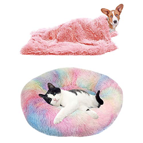 YiCTe Katzenbett Nettes Hundebett Waschbares Haustierbett Kissen Donut Hundebett Extra weich Bequem und geeignet für Katzen und kleine mittelgroße große Hunde (50 cm Durchmesser),Tie-Dye-Regenbogen von YiCTe